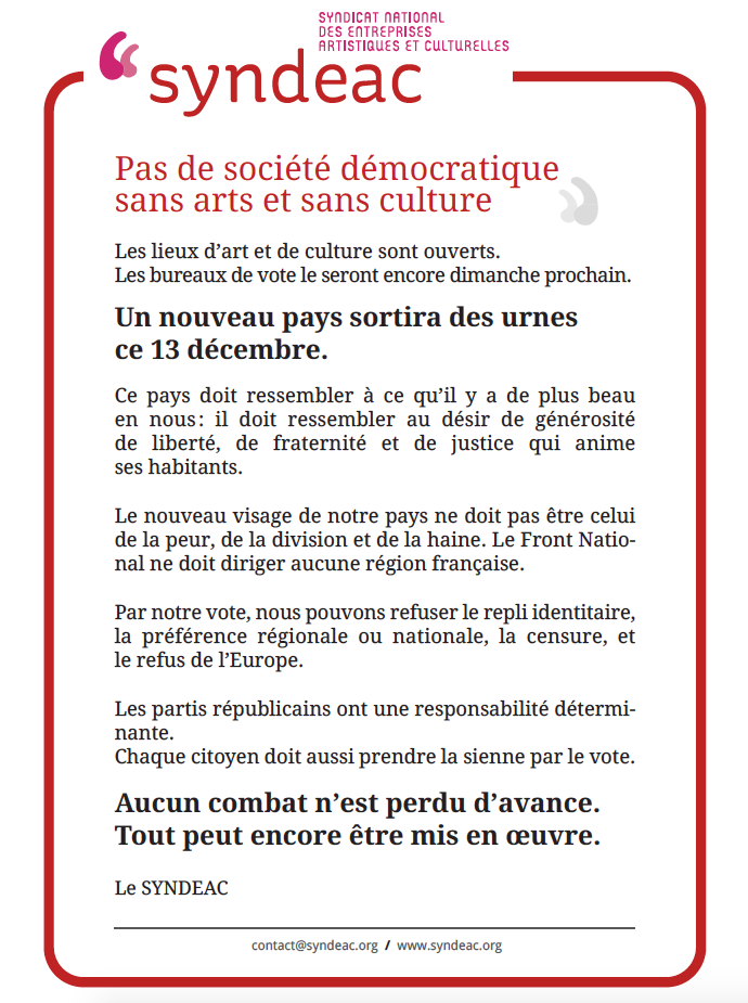 Pas de société démocratique sans arts et sans culture - 8 décembre 2015