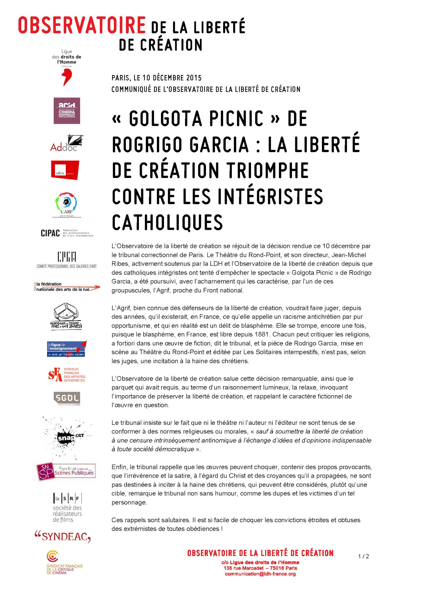 Golgota Picnic de Rodrigo Garcia : la liberté de création triomphe contre les intégristes catholiques